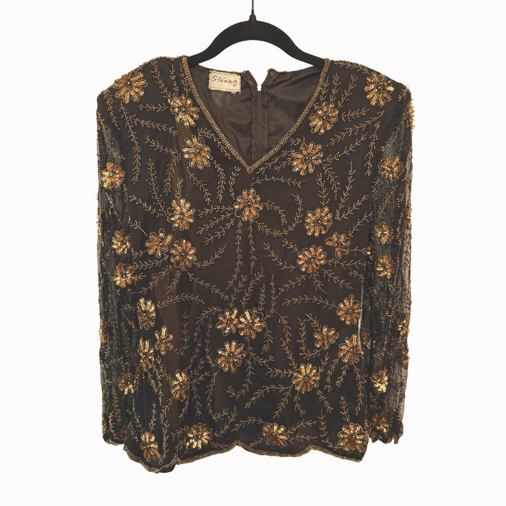 Vintage 80s/90s Stenay Beaded Sequin Top – Black & Gold Floral – Sheer Sleeves